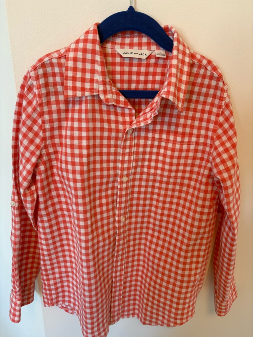 JANIE AND JACK Boys Gingham Button Down Long Sleeve Shirt Salmon/Pink Size 8 - Picture 9 of 11